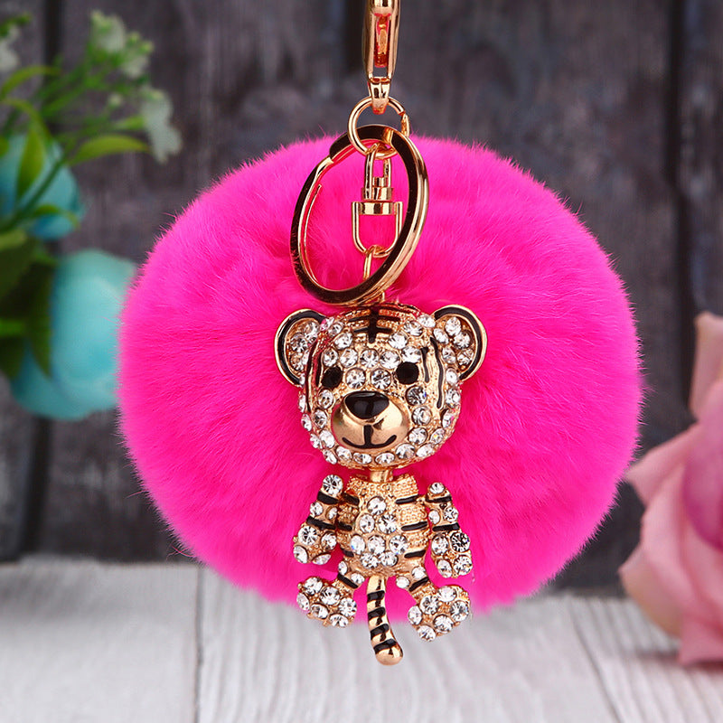 Wholesale Creative Water Diamond Fox Head Hairball Keychain