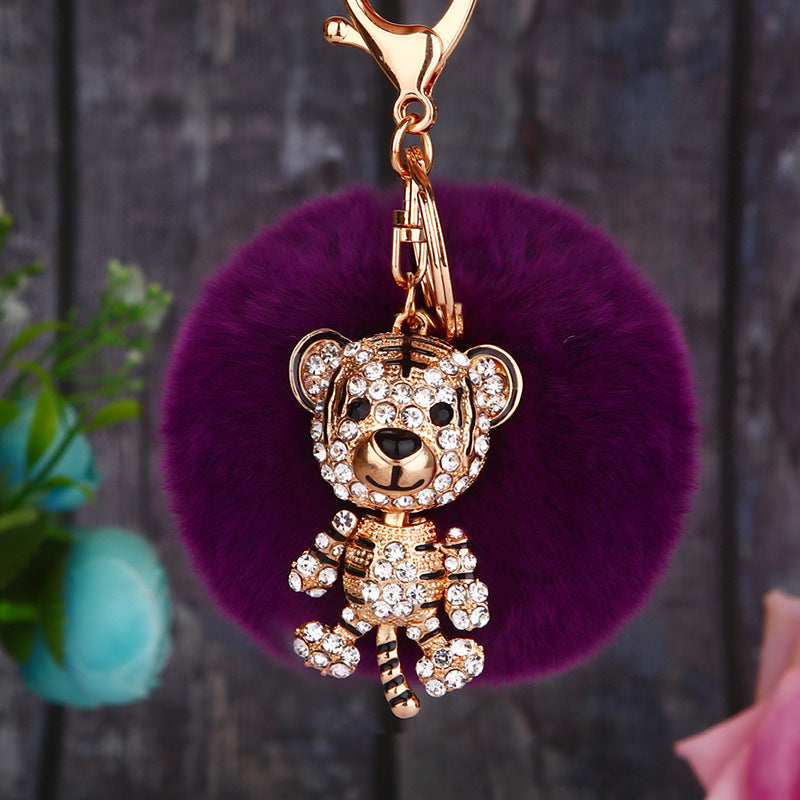Wholesale Creative Water Diamond Fox Head Hairball Keychain