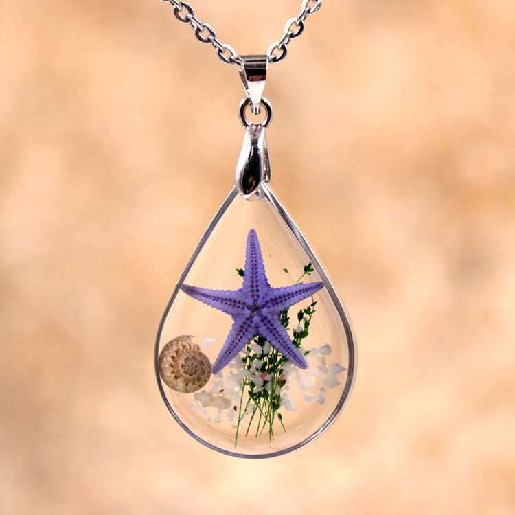 Wholesale 6pcs Natural Starfish Specimen Resin Dripping Glue Necklace