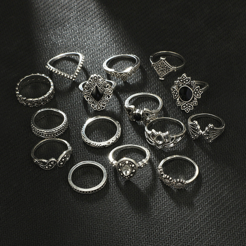 Wholesale Hollow Geometric Black Gemstone Ring Set