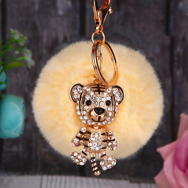 Wholesale Creative Water Diamond Fox Head Hairball Keychain