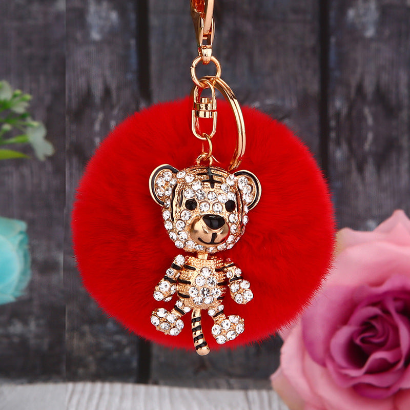 Wholesale Creative Water Diamond Fox Head Hairball Keychain