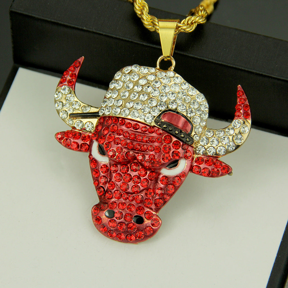 Wholesale Diamond Domineering Bull Head Pendant Accessories Punk Men's Necklace