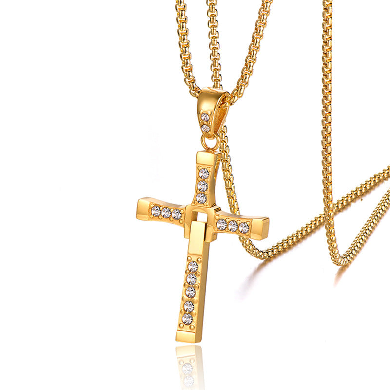 Wholesale Titanium steel gold and silver diamond-studded cross necklace