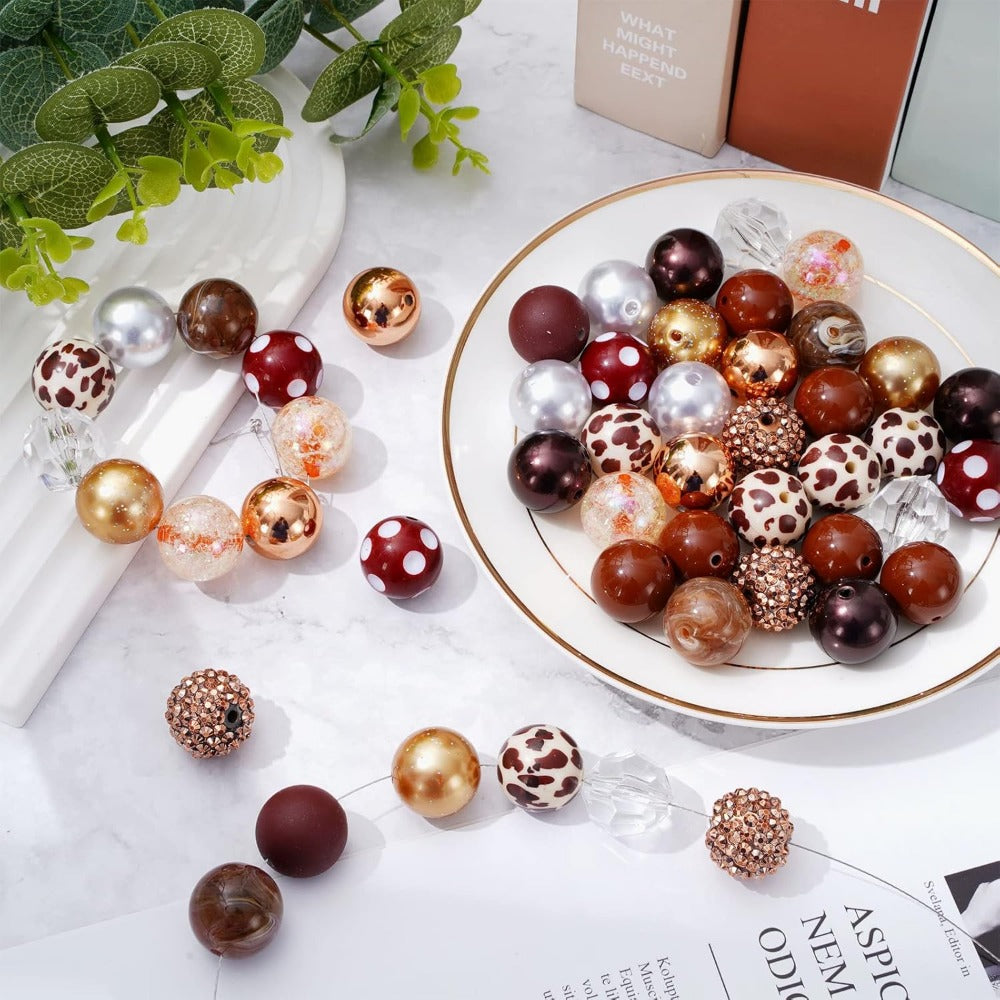 Wholesale Whaline 50Pcs Chunky Bubblegum Beads 20mm Brown White Cow Beads 12 Styles Mixed Chocolate Milk Beads Set Spacer Bead Chunky Beads Jumbo Plastic Beads for DIY Jewelry Making