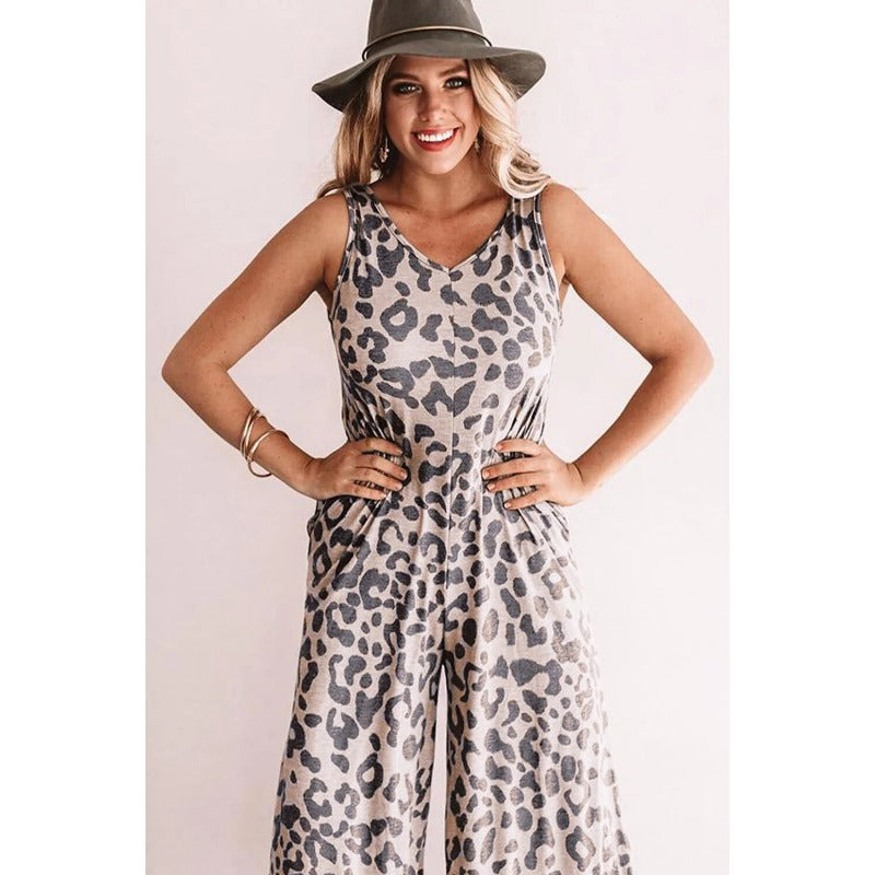 Wholesale Western Style Leopard Print Sleeveless Loose Jumpsuit