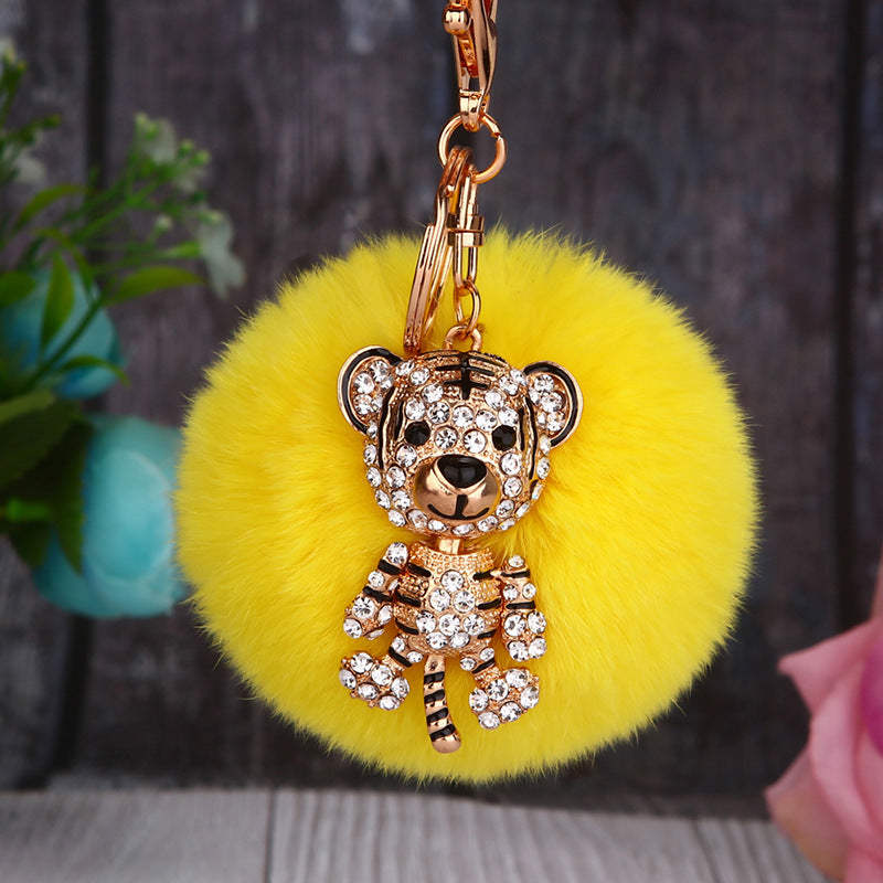 Wholesale Creative Water Diamond Fox Head Hairball Keychain