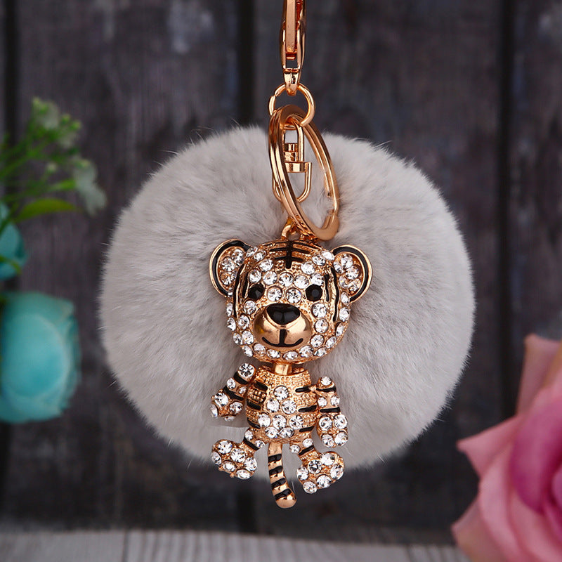 Wholesale Creative Water Diamond Fox Head Hairball Keychain
