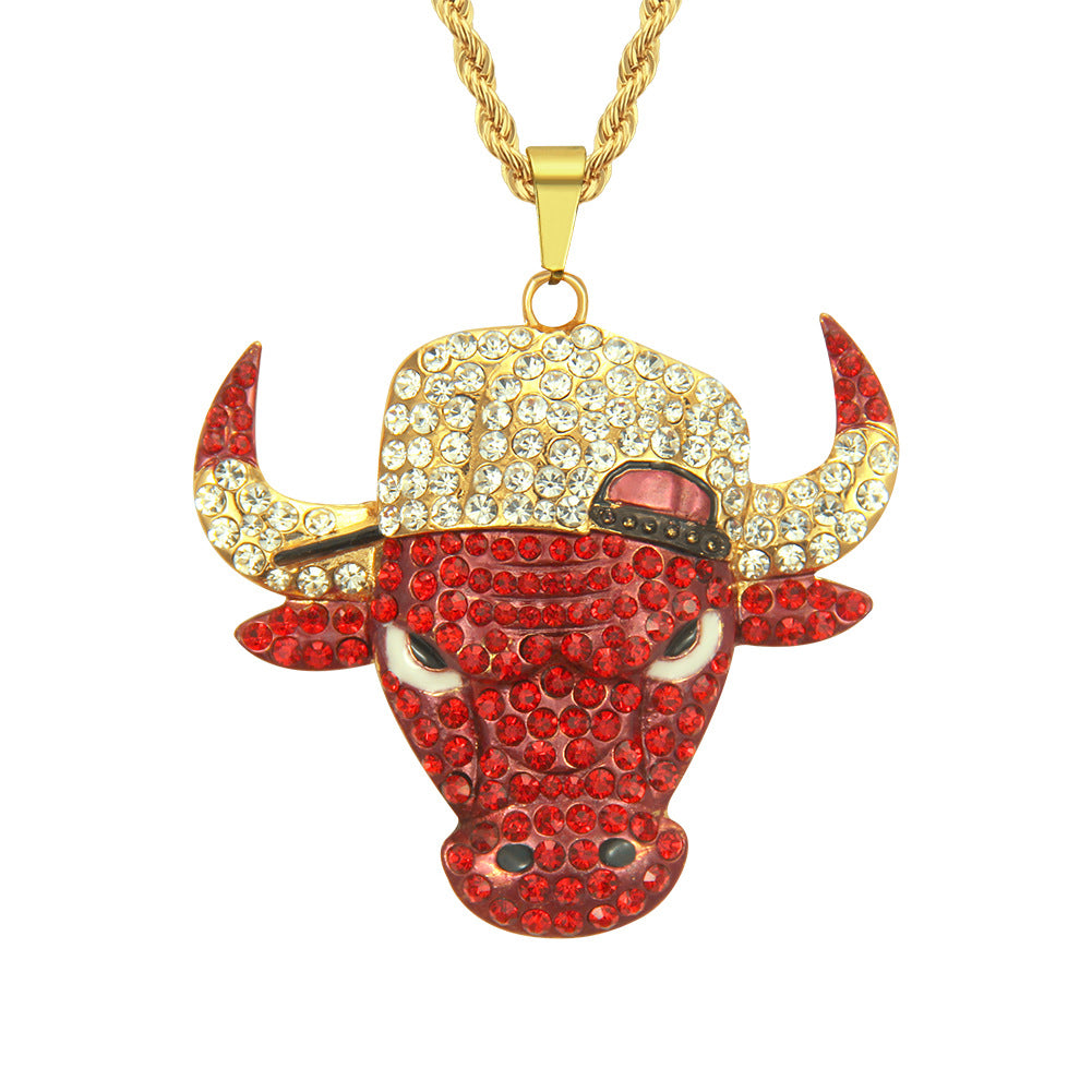 Wholesale Diamond Domineering Bull Head Pendant Accessories Punk Men's Necklace