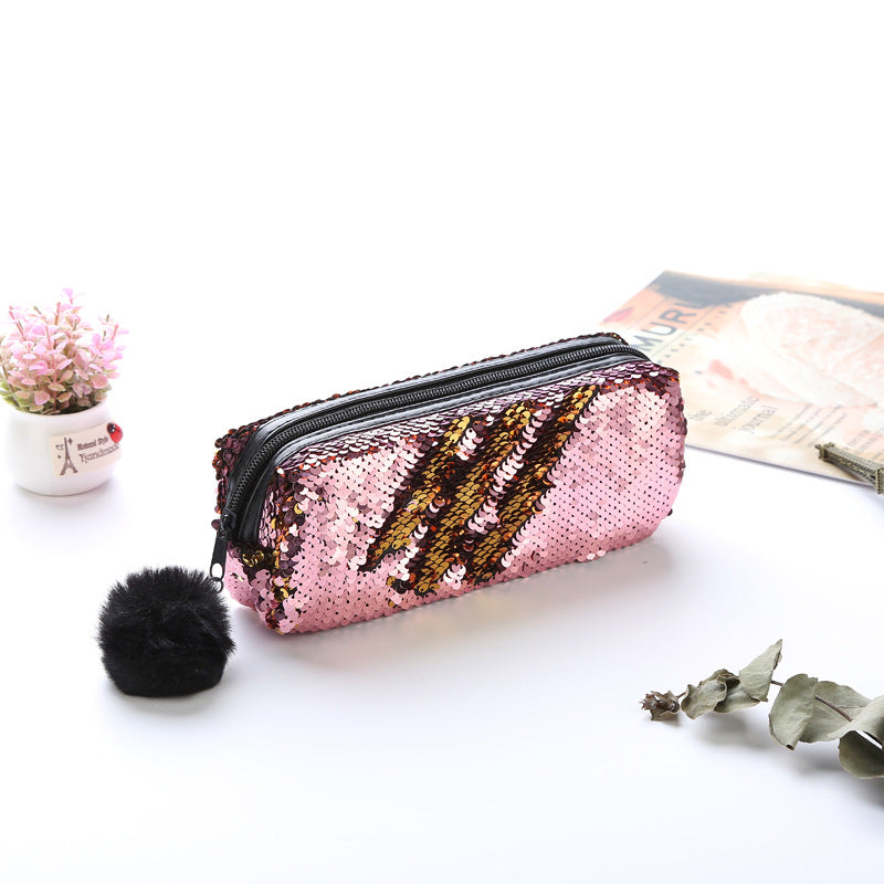 Wholesale Fur Ball Sequin Pencil Case Cosmetic Bag