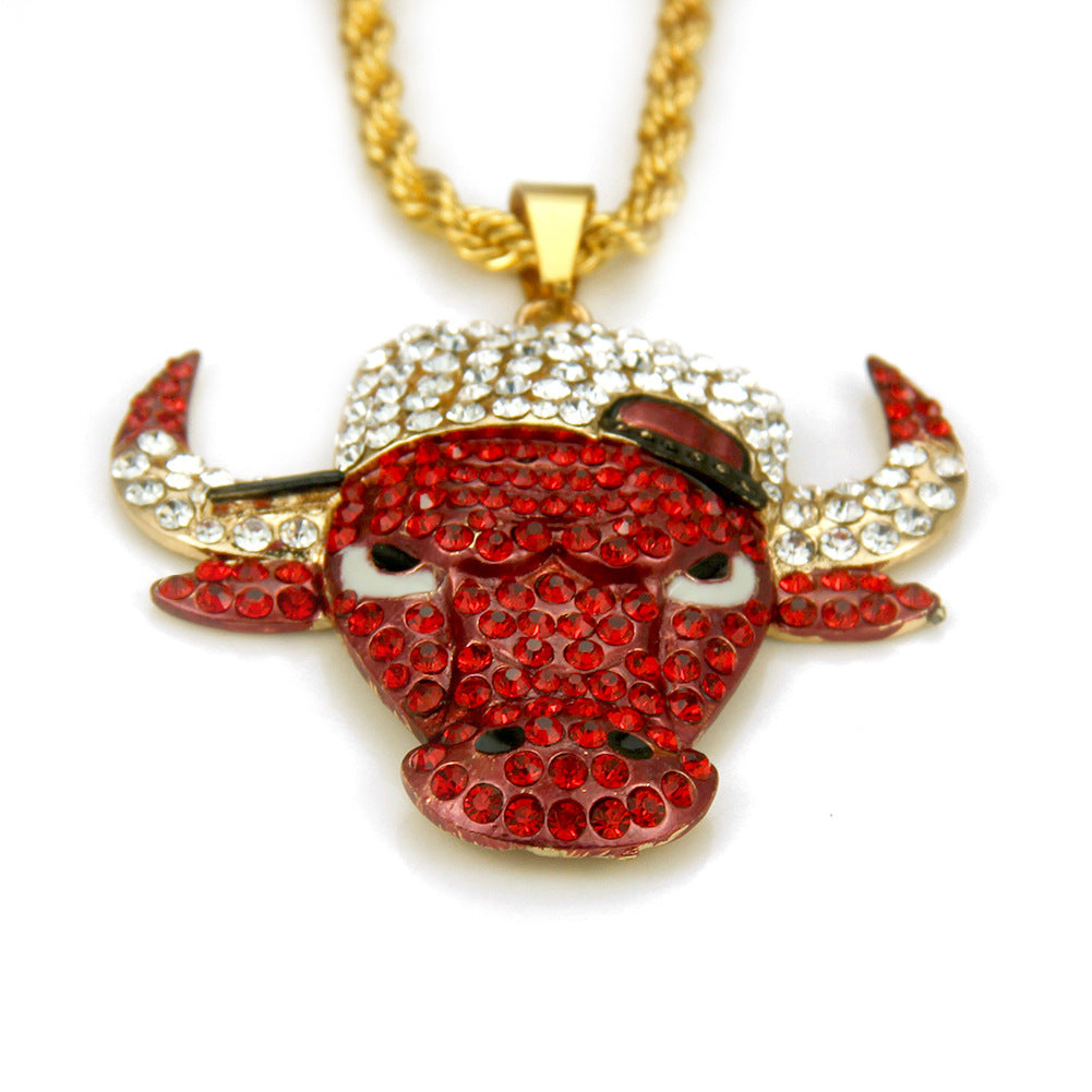 Wholesale Diamond Domineering Bull Head Pendant Accessories Punk Men's Necklace