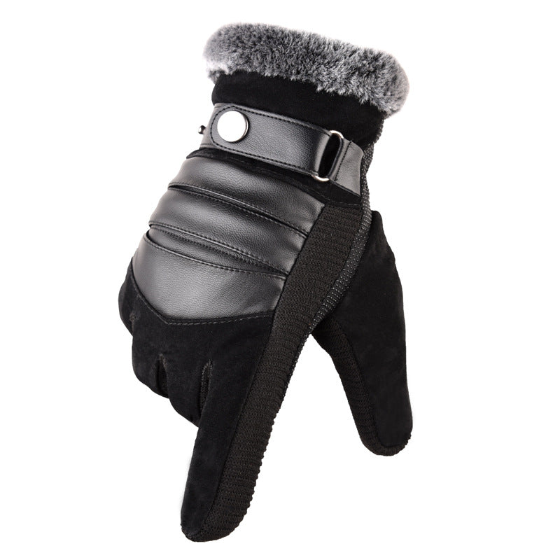 Wholesale Pigskin Men Cycling Warm Winter Thickened Plush Warm Gloves