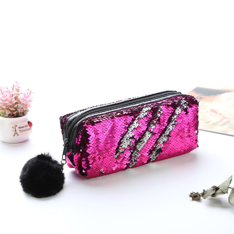 Wholesale Fur Ball Sequin Pencil Case Cosmetic Bag