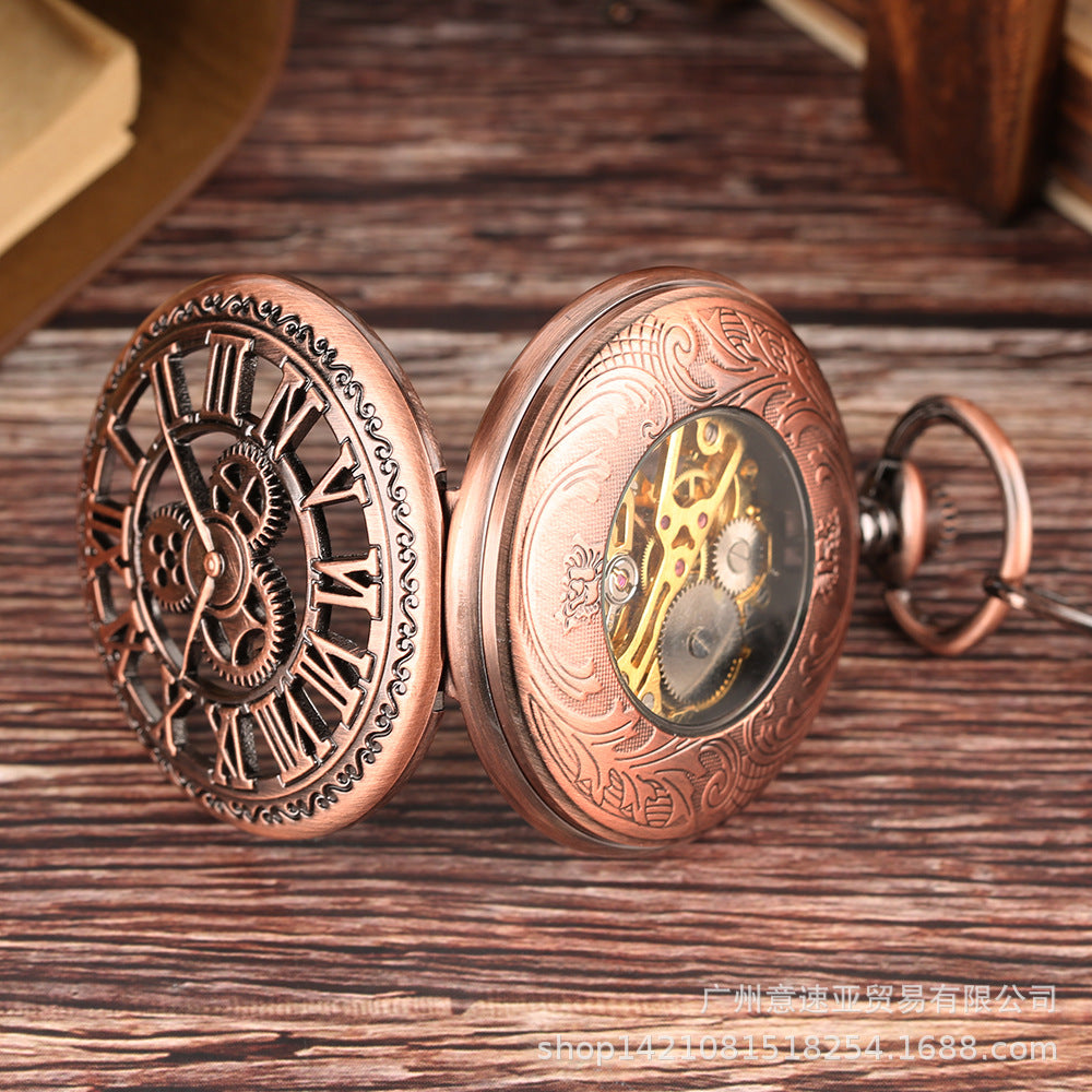 Wholesale New Retro Flip Hollow Necklace Pocket Watch Red Bronze Hollow Gear Roman Face Men's and Women's Mechanical Pocket Watch