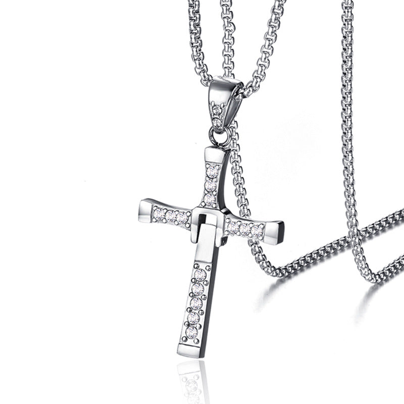 Wholesale Titanium steel gold and silver diamond-studded cross necklace