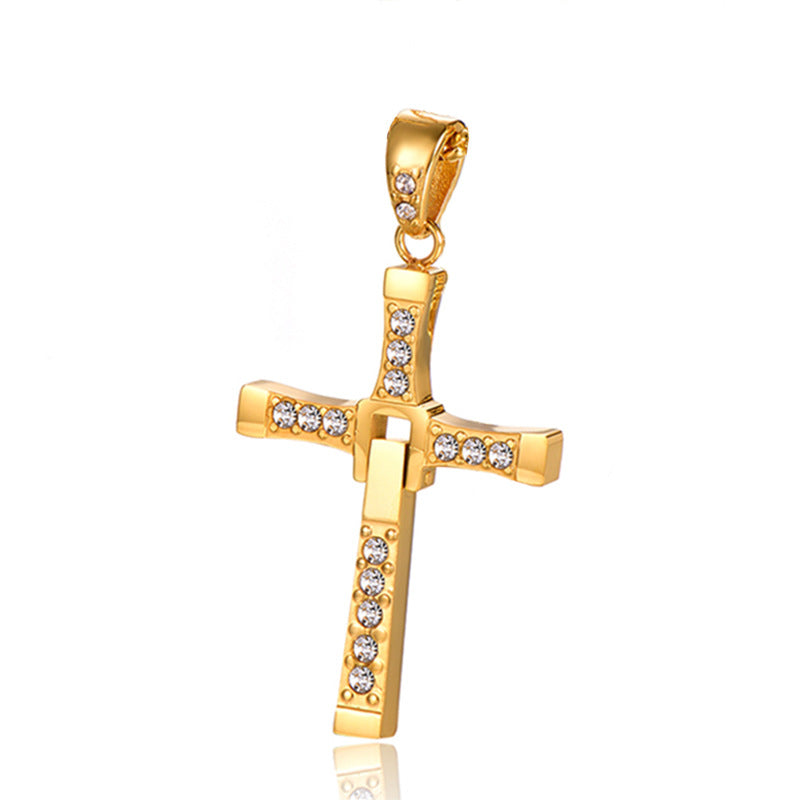Wholesale Titanium steel gold and silver diamond-studded cross necklace