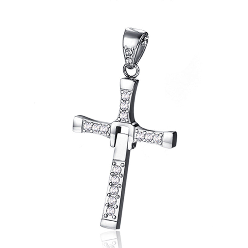 Wholesale Titanium steel gold and silver diamond-studded cross necklace