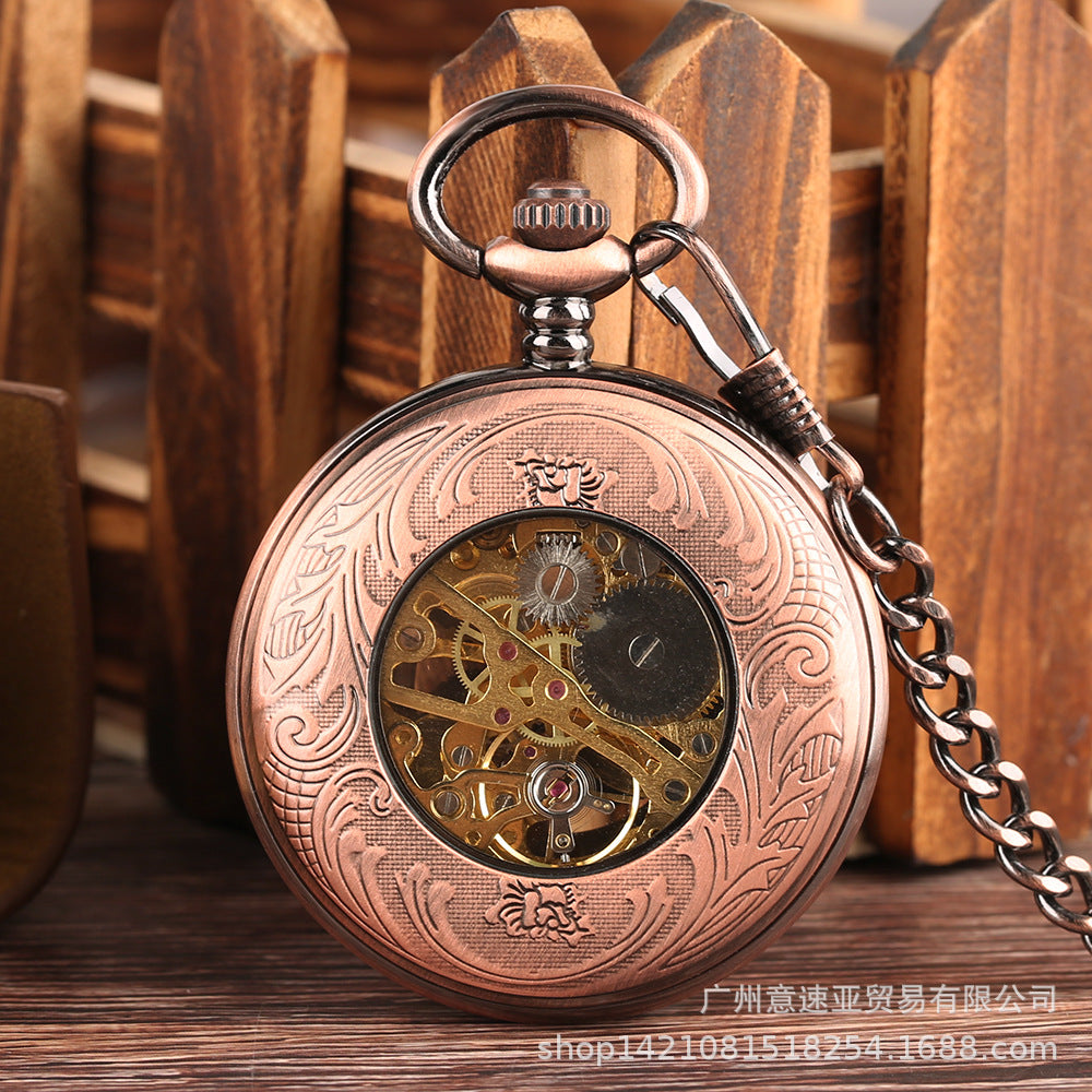 Wholesale New Retro Flip Hollow Necklace Pocket Watch Red Bronze Hollow Gear Roman Face Men's and Women's Mechanical Pocket Watch