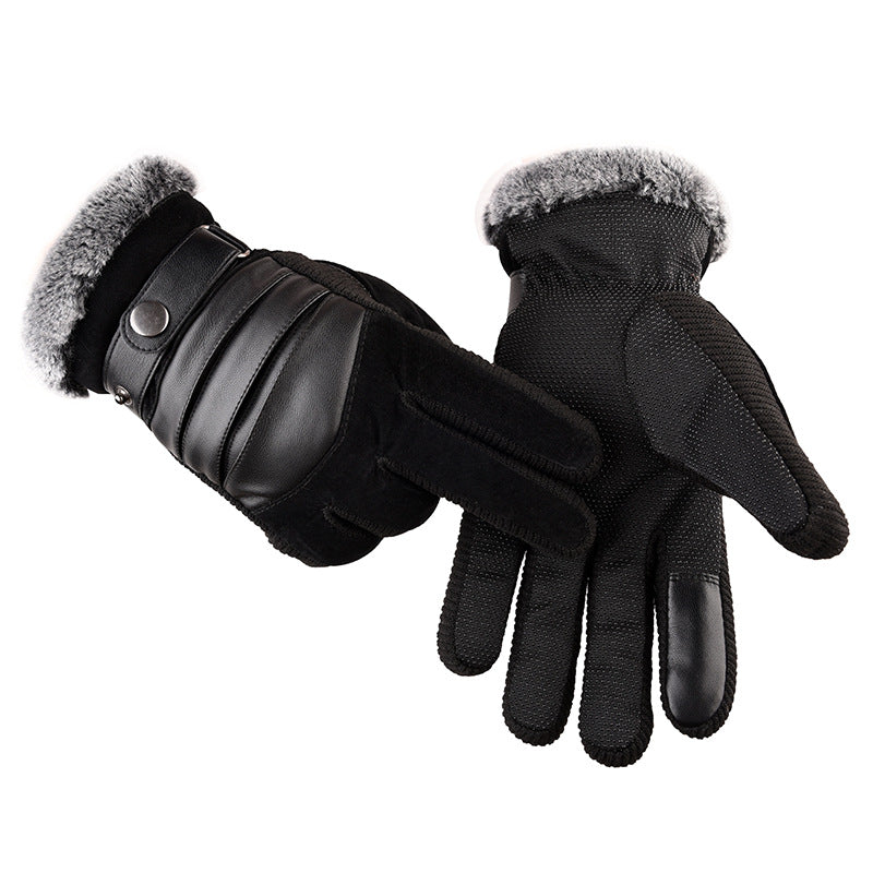 Wholesale Pigskin Men Cycling Warm Winter Thickened Plush Warm Gloves