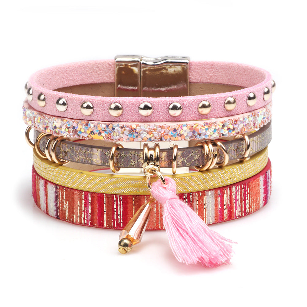 Wholesale Fashion Multi-layer Tassel Leather Magnetic Buckle Bracelet