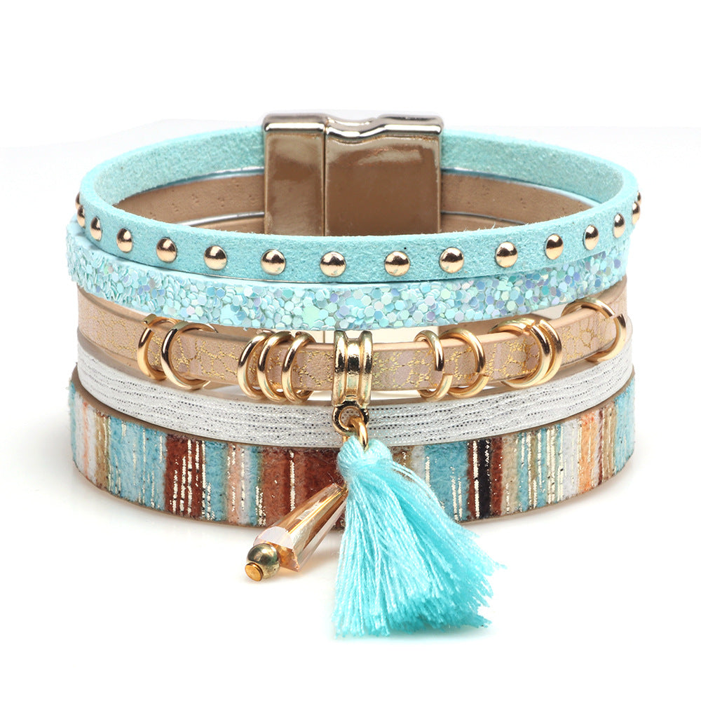 Wholesale Multilayer Tassel Leather Extra Wide Magnetic Closure Bacelet