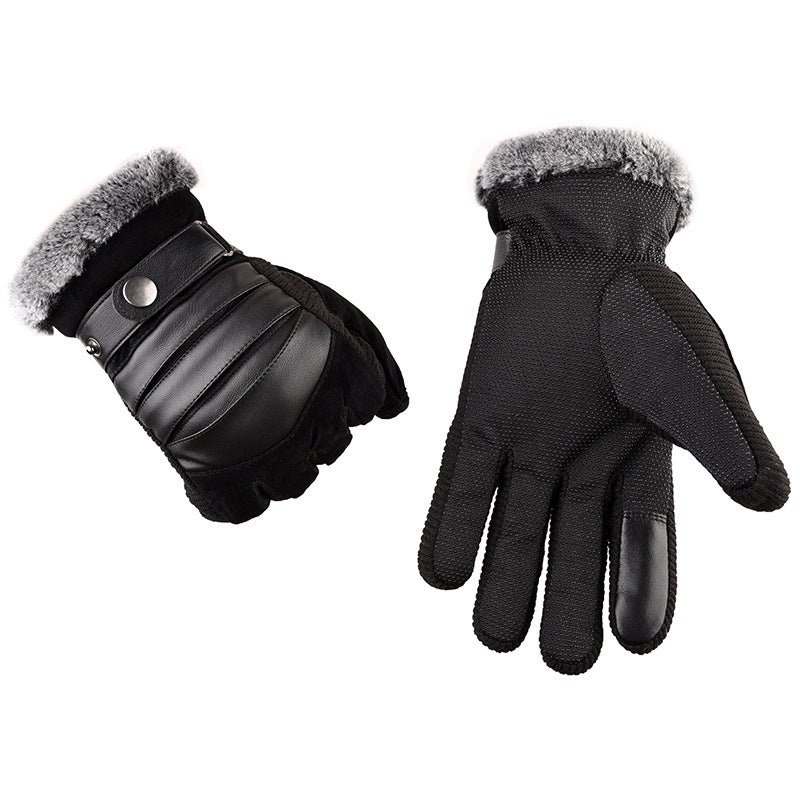 Wholesale Pigskin Men Cycling Warm Winter Thickened Plush Warm Gloves