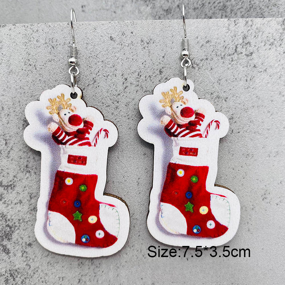 Wholesale Christmas Santa Claus Christmas Socks Elk Wooden Earrings