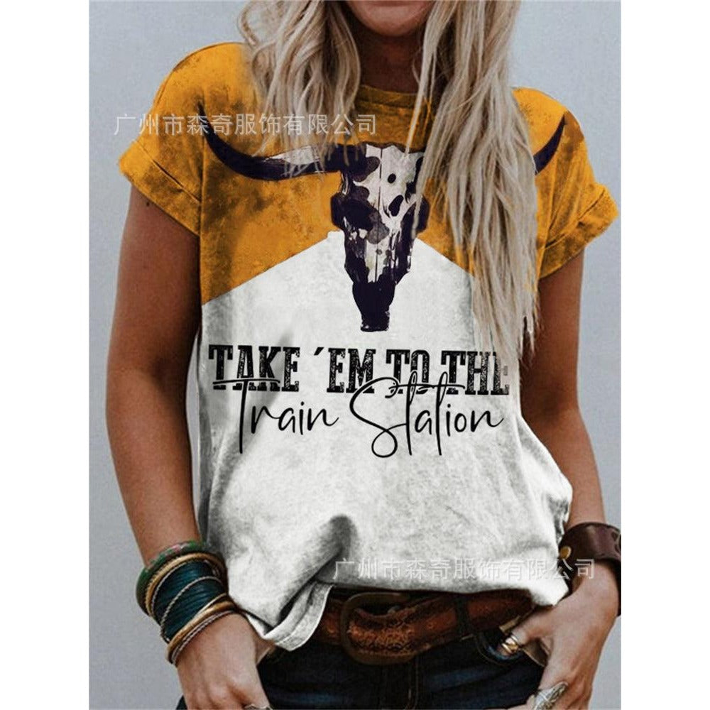 Wholesale Polyester Round Neck Printed Short Sleeved Loose Western Style Women's T-shirts