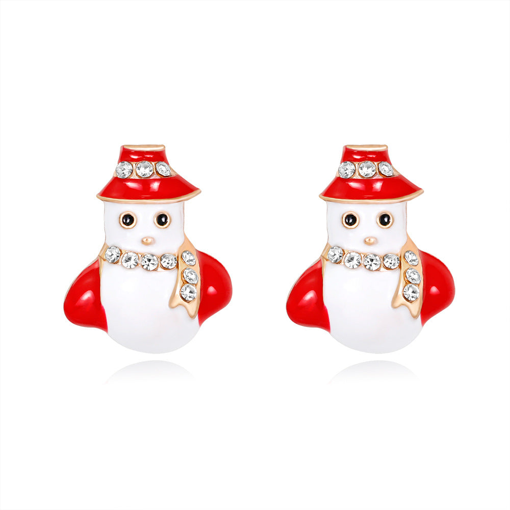 Wholesale Christmas Oil Dripping Diamond Snowman Bell Alloy Earrings