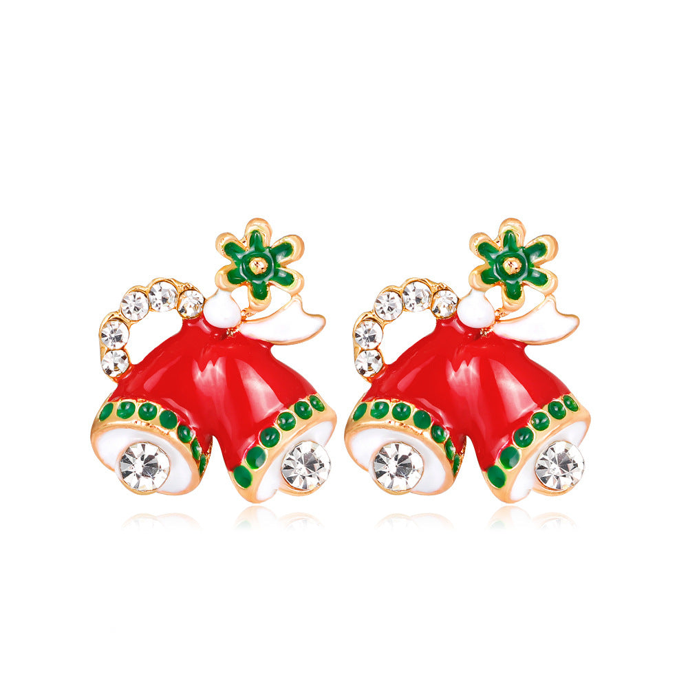 Wholesale Christmas Oil Dripping Diamond Snowman Bell Alloy Earrings