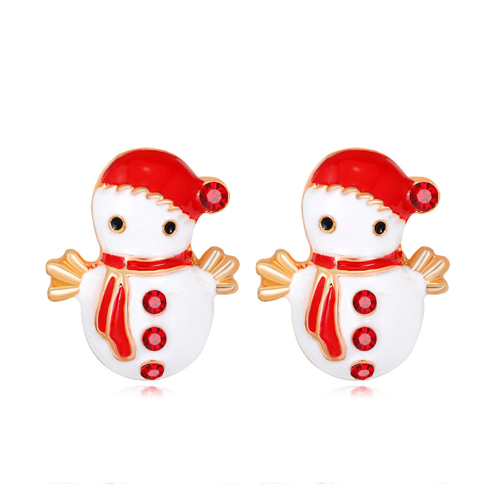 Wholesale Christmas Oil Dripping Diamond Snowman Bell Alloy Earrings