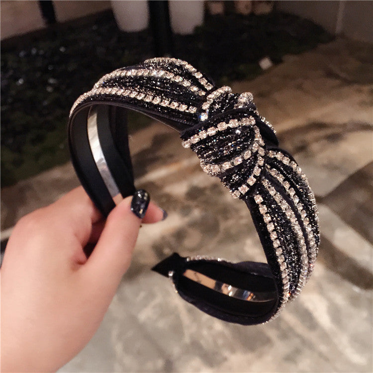 Wholesale Diamond Bar Inlaid with Diamond, Middle Knotted and Twisted Wide Edge Alloy Hair Hoop