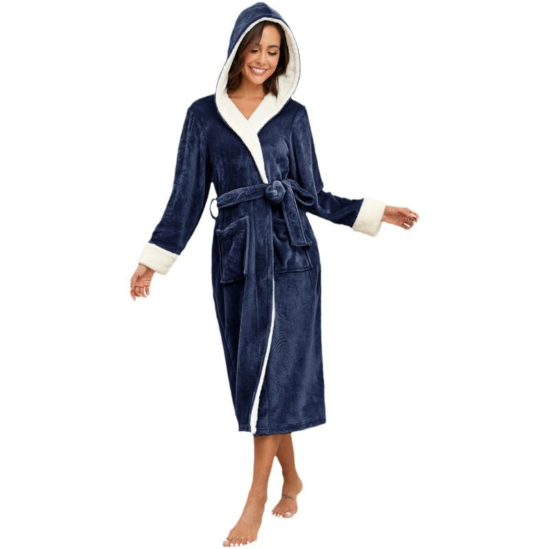 Wholesale Flannel Color Hooded Autumn and Winter Long Bathrobe Couple Pajamas