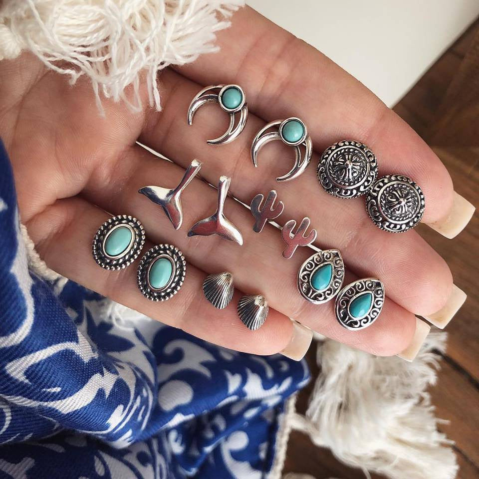 Wholesale Heart Shell Turquoise Whale Tail Cactus Earrings