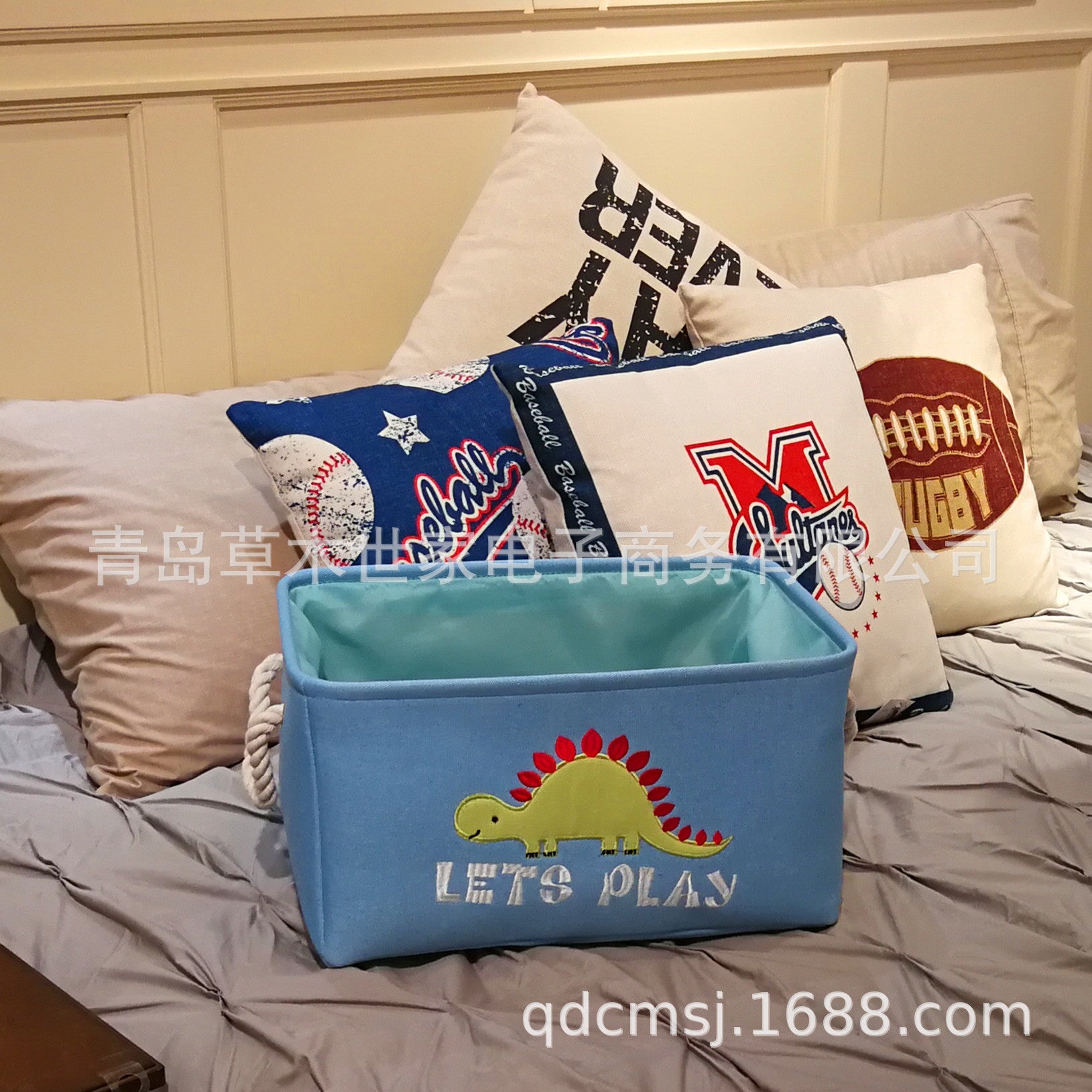 Wholesale Canvas Folding Embroidery Cartoon Dinosaur Toy Storage Basket