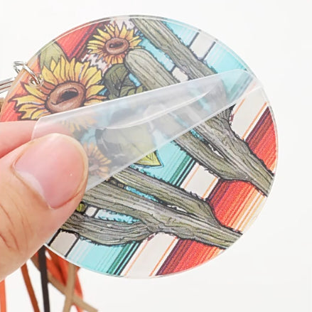 Wholesale Round Acrylic Cactus Sunflower Bull Head Print Tassel Keychain