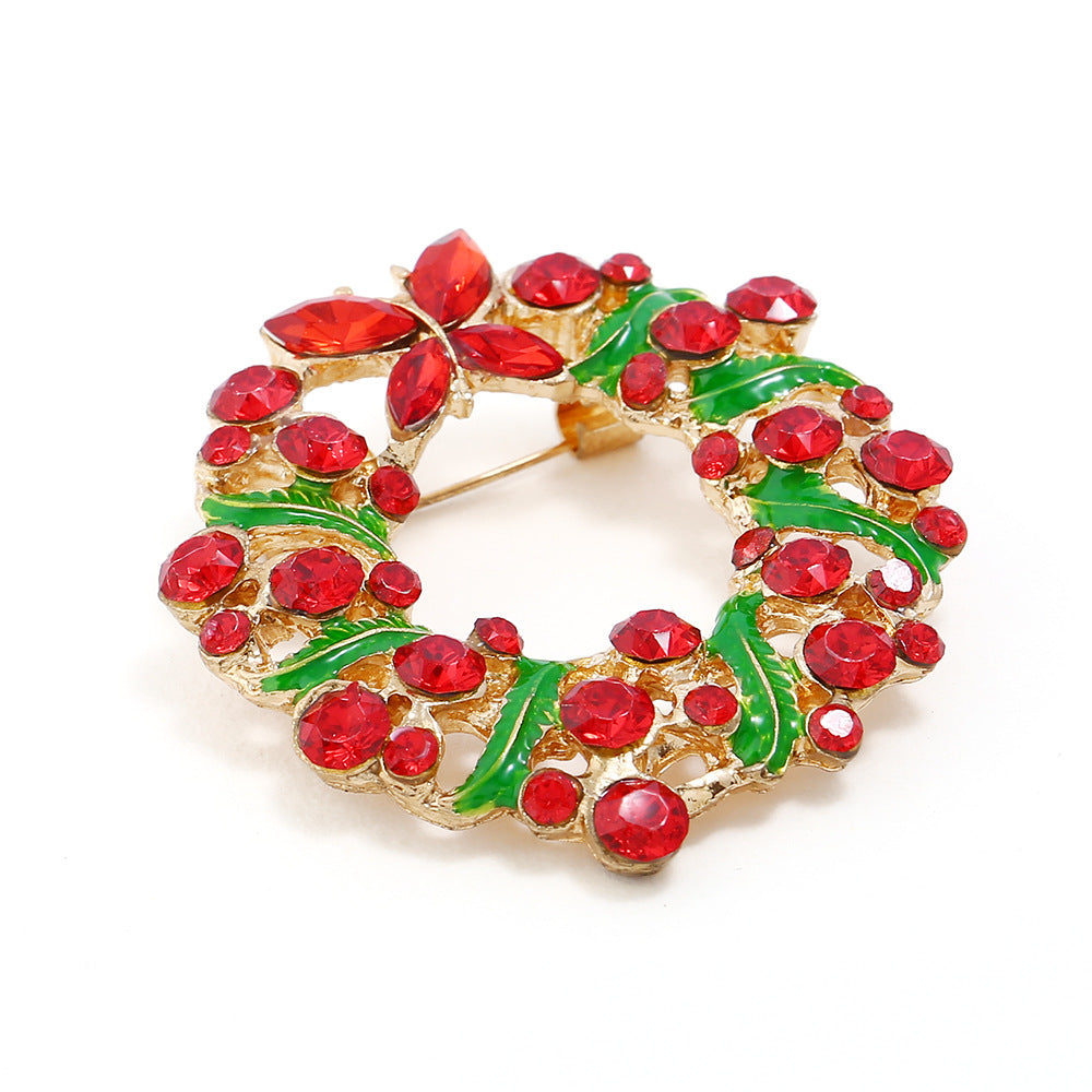 Wholesale Korean Style Cartoon Christmas Wreath Rhinestone Brooch Alloy Electroplated Jewelry Accessory For Everyday Casual Wear