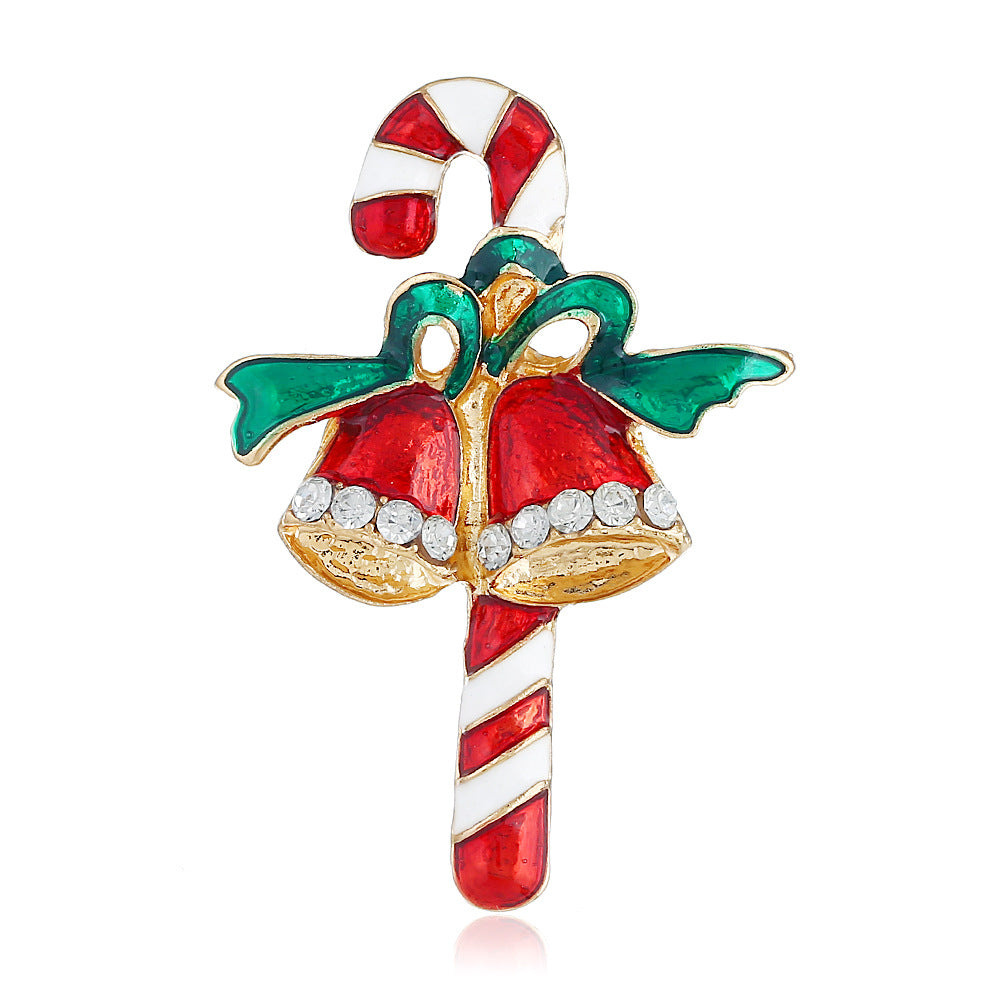 Wholesale European Style Christmas Cane Bell Brooch Alloy Diamond Studded Pin Chic Jewelry Accessory For Holiday Gift And Resale