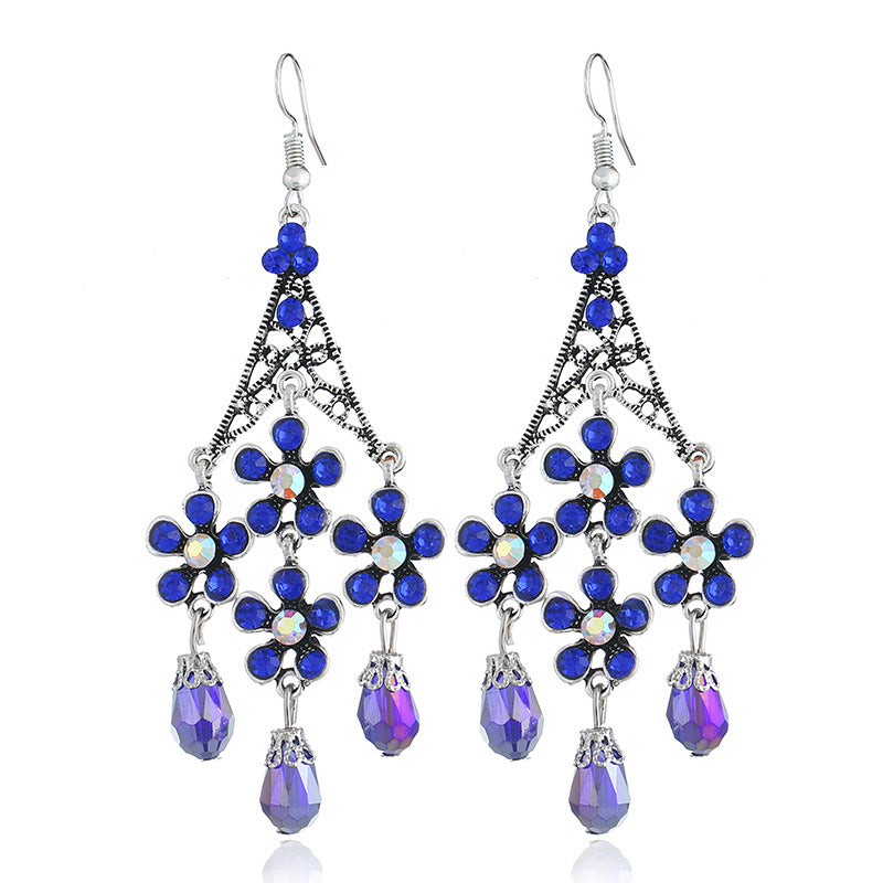Wholesale Bohemian Retro Tassel Exaggerated Hollow Long Floral Crystal Earrings
