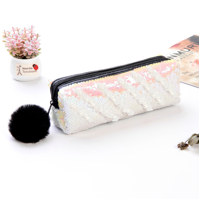 Wholesale Fur Ball Sequin Pencil Case Cosmetic Bag
