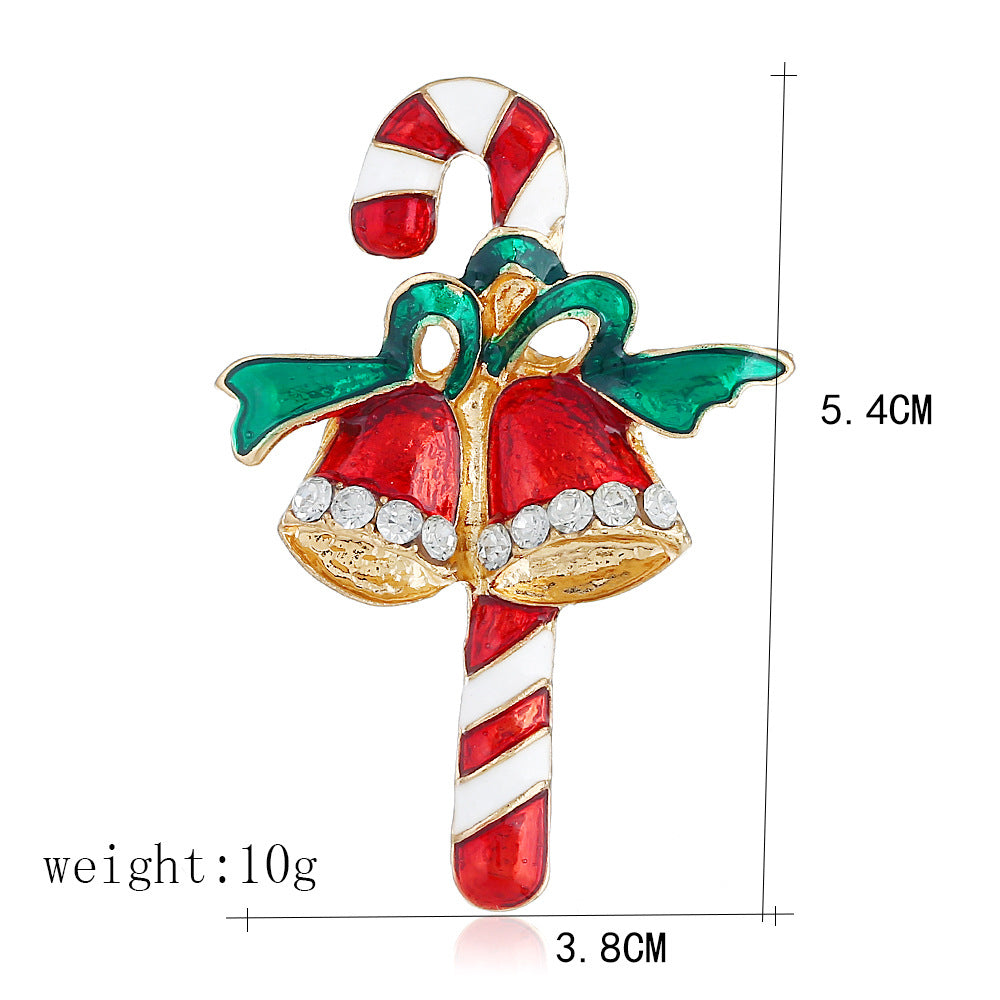 Wholesale European Style Christmas Cane Bell Brooch Alloy Diamond Studded Pin Chic Jewelry Accessory For Holiday Gift And Resale