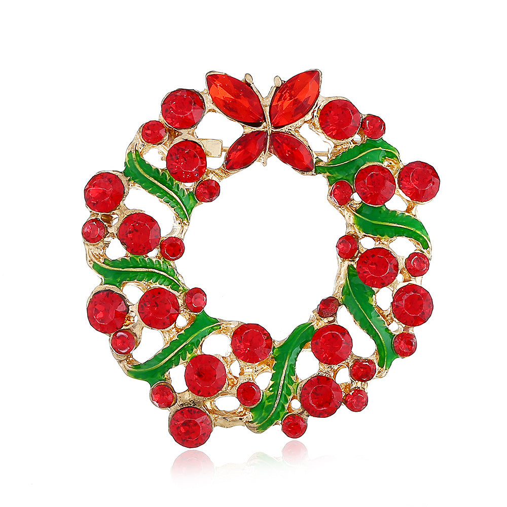 Wholesale Korean Style Cartoon Christmas Wreath Rhinestone Brooch Alloy Electroplated Jewelry Accessory For Everyday Casual Wear