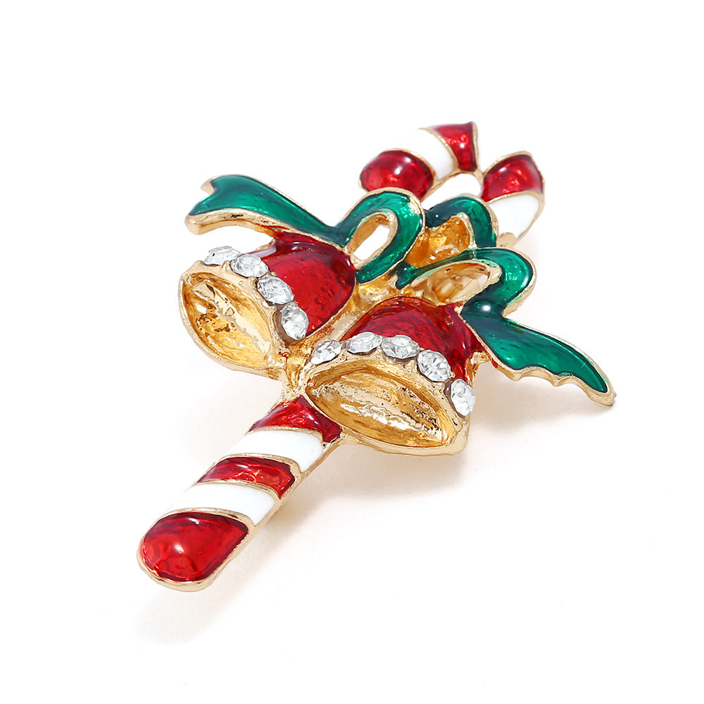 Wholesale European Style Christmas Cane Bell Brooch Alloy Diamond Studded Pin Chic Jewelry Accessory For Holiday Gift And Resale