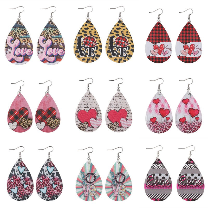 Wholesale Valentine's Day Love Leopard Heart Water Drop Pendant PU Double-sided Valentine's Day Earrings