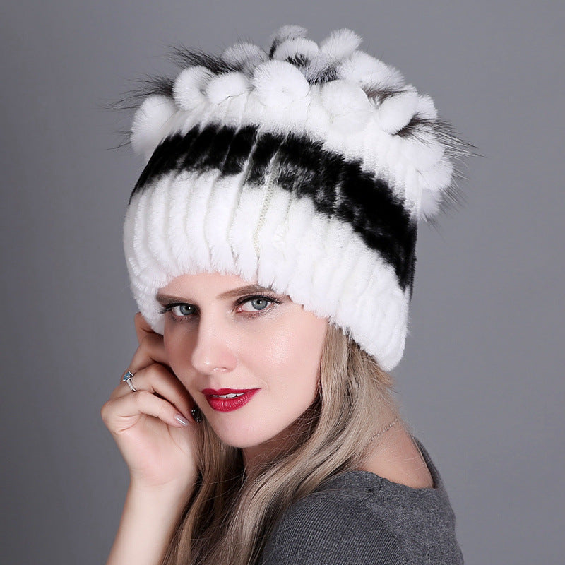 Wholesale Rex Rabbit Fur Woven Fur Hat Autumn and Winter Warm Thickened Knitted Hat
