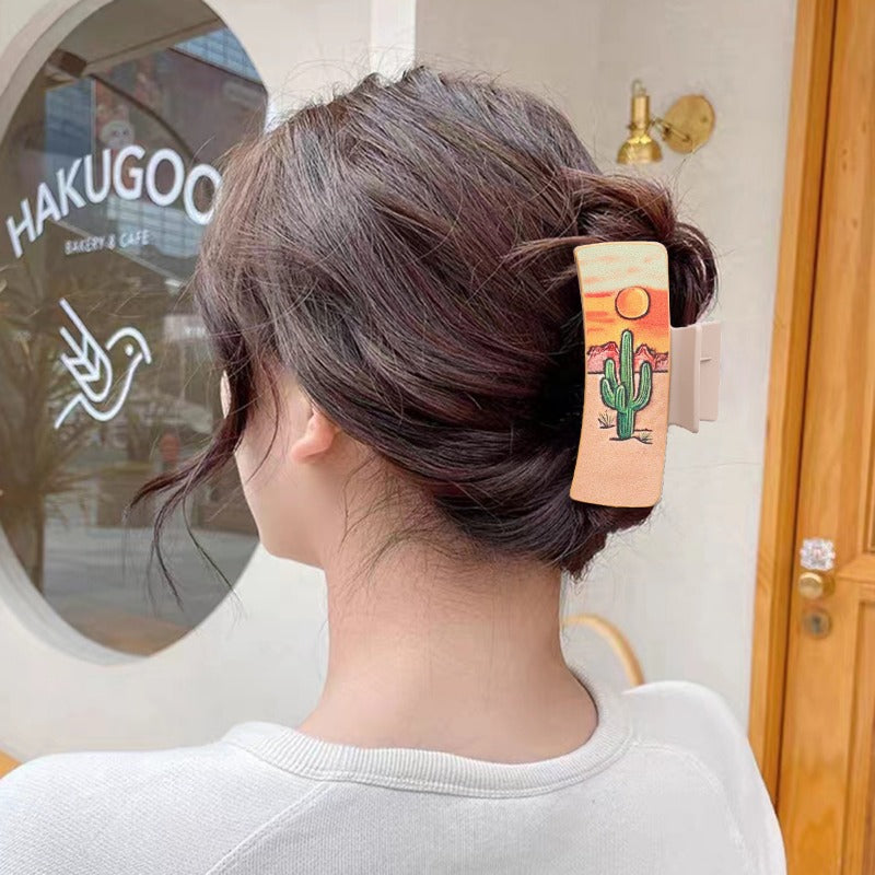 Wholesale Cowboy Style Sunflower Cactus Leather Shark Clip Hair Clip