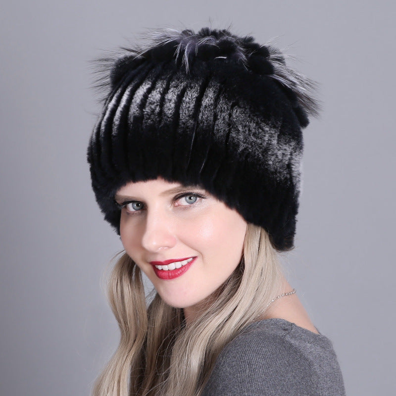 Wholesale Rex Rabbit Fur Woven Fur Hat Autumn and Winter Warm Thickened Knitted Hat