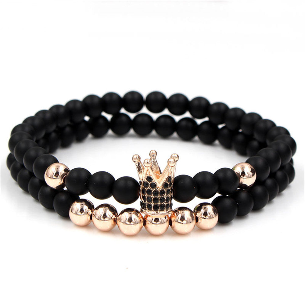Wholesale 6mm Black Frosted Copper Beads Zircon Crown Bracelet
