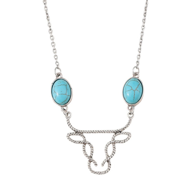 Wholesale Inlaid Turquoise Bull Head Bohemian Hollow Line Niche Simple Necklaces