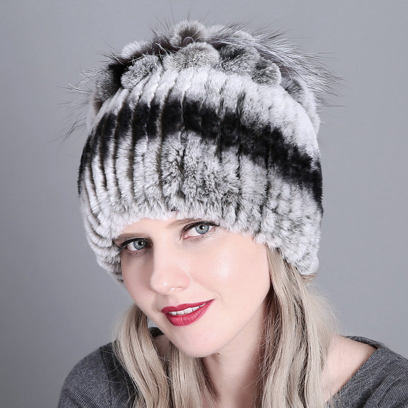 Wholesale Rex Rabbit Fur Woven Fur Hat Autumn and Winter Warm Thickened Knitted Hat